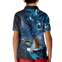 Aotearoa Matariki Kid Polo Shirt Maori Tribal with Silver Fern and Tui Bird Galaxy Style - Polynesian Pride