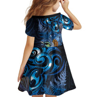 Aotearoa Matariki Kid Short Sleeve Dress Maori Tribal with Silver Fern and Tui Bird Galaxy Style - Polynesian Pride
