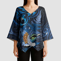 Aotearoa Matariki Kimono Sleeve Blouse Maori Tribal with Silver Fern and Tui Bird Galaxy Style - Polynesian Pride