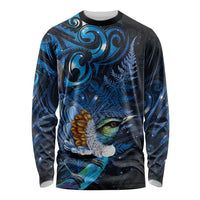Aotearoa Matariki Long Sleeve Shirt Maori Tribal with Silver Fern and Tui Bird Galaxy Style - Polynesian Pride