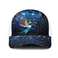 Aotearoa Matariki Mesh Trucker Cap Maori Tribal with Silver Fern and Tui Bird Galaxy Style LT03 One Size White Navy - Polynesian Pride