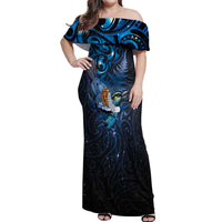 Aotearoa Matariki Off Shoulder Maxi Dress Maori Tribal with Silver Fern and Tui Bird Galaxy Style - Polynesian Pride