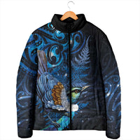 Aotearoa Matariki Padded Jacket Maori Tribal with Silver Fern and Tui Bird Galaxy Style - Polynesian Pride