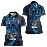 Aotearoa Matariki Women Polo Shirt Maori Tribal with Silver Fern and Tui Bird Galaxy Style - Polynesian Pride