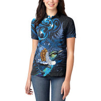 Aotearoa Matariki Women Polo Shirt Maori Tribal with Silver Fern and Tui Bird Galaxy Style - Polynesian Pride