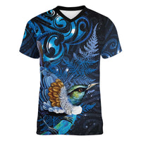 Aotearoa Matariki Women V-Neck T-Shirt Maori Tribal with Silver Fern and Tui Bird Galaxy Style - Polynesian Pride
