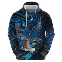Aotearoa Matariki Zip Hoodie Maori Tribal with Silver Fern and Tui Bird Galaxy Style - Polynesian Pride