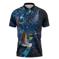Aotearoa Matariki Zipper Polo Shirt Maori Tribal with Silver Fern and Tui Bird Galaxy Style - Polynesian Pride