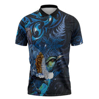 Aotearoa Matariki Zipper Polo Shirt Maori Tribal with Silver Fern and Tui Bird Galaxy Style - Polynesian Pride