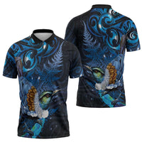 Aotearoa Matariki Zipper Polo Shirt Maori Tribal with Silver Fern and Tui Bird Galaxy Style - Polynesian Pride