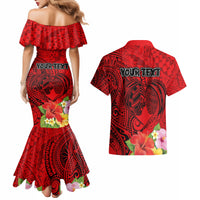 Personalised Hawaii Valentine Day Couples Matching Mermaid Dress and Hawaiian Shirt Couple Love Heart mix Hibiscus and Polynesian Tattoo LT03 - Polynesian Pride