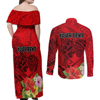 Personalised Hawaii Valentine Day Couples Matching Off Shoulder Maxi Dress and Long Sleeve Button Shirt Couple Love Heart mix Hibiscus and Polynesian Tattoo LT03 - Polynesian Pride