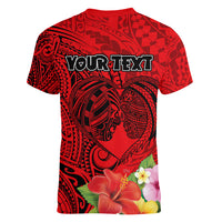 Personalised Hawaii Valentine Day Women V Neck T Shirt Couple Love Heart mix Hibiscus and Polynesian Tattoo LT03 - Polynesian Pride