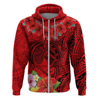 Personalised Hawaii Valentine Day Zip Hoodie Couple Love Heart mix Hibiscus and Polynesian Tattoo LT03 Zip Hoodie Red - Polynesian Pride