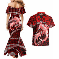 Polynesian Shark Valentine Day Couples Matching Mermaid Dress and Hawaiian Shirt Hibiscus and Tribal Tattoo Red Style LT03 - Polynesian Pride