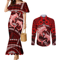 Polynesian Shark Valentine Day Couples Matching Mermaid Dress and Long Sleeve Button Shirt Hibiscus and Tribal Tattoo Red Style LT03 Red - Polynesian Pride