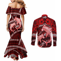 Polynesian Shark Valentine Day Couples Matching Mermaid Dress and Long Sleeve Button Shirt Hibiscus and Tribal Tattoo Red Style LT03 - Polynesian Pride