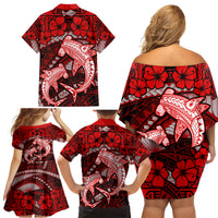 Polynesian Shark Valentine Day Family Matching Off Shoulder Short Dress and Hawaiian Shirt Hibiscus and Tribal Tattoo Red Style LT03 - Polynesian Pride