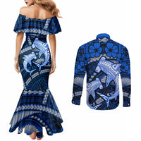 Polynesian Shark Valentine Day Couples Matching Mermaid Dress and Long Sleeve Button Shirt Hibiscus and Tribal Tattoo Blue Style LT03 - Polynesian Pride