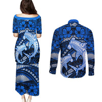 Polynesian Shark Valentine Day Couples Matching Puletasi and Long Sleeve Button Shirt Hibiscus and Tribal Tattoo Blue Style LT03 - Polynesian Pride