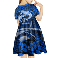 Polynesian Shark Valentine Day Kid Short Sleeve Dress Hibiscus and Tribal Tattoo Blue Style LT03 - Polynesian Pride