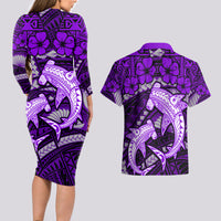 Polynesian Shark Valentine Day Couples Matching Long Sleeve Bodycon Dress and Hawaiian Shirt Hibiscus and Tribal Tattoo Purple Style LT03 - Polynesian Pride