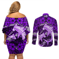 Polynesian Shark Valentine Day Couples Matching Off Shoulder Short Dress and Long Sleeve Button Shirt Hibiscus and Tribal Tattoo Purple Style LT03 - Polynesian Pride
