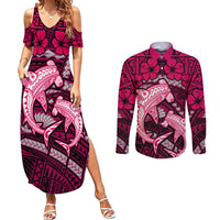Polynesian Shark Valentine Day Couples Matching Summer Maxi Dress and Long Sleeve Button Shirt Hibiscus and Tribal Tattoo Pink Style LT03 Pink - Polynesian Pride