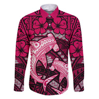 Polynesian Shark Valentine Day Family Matching Off Shoulder Maxi Dress and Hawaiian Shirt Hibiscus and Tribal Tattoo Pink Style LT03 Dad's Shirt - Long Sleeve Pink - Polynesian Pride