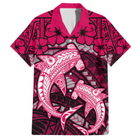 Polynesian Shark Valentine Day Family Matching Puletasi and Hawaiian Shirt Hibiscus and Tribal Tattoo Pink Style LT03 Dad's Shirt - Short Sleeve Pink - Polynesian Pride