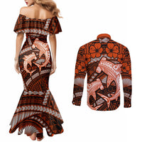 Polynesian Shark Valentine Day Couples Matching Mermaid Dress and Long Sleeve Button Shirt Hibiscus and Tribal Tattoo Orange Style LT03 - Polynesian Pride