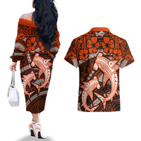 Polynesian Shark Valentine Day Couples Matching Off The Shoulder Long Sleeve Dress and Hawaiian Shirt Hibiscus and Tribal Tattoo Orange Style LT03 - Polynesian Pride