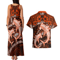 Polynesian Shark Valentine Day Couples Matching Tank Maxi Dress and Hawaiian Shirt Hibiscus and Tribal Tattoo Orange Style LT03 - Polynesian Pride