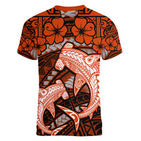 Polynesian Shark Valentine Day Women V Neck T Shirt Hibiscus and Tribal Tattoo Orange Style LT03 - Polynesian Pride