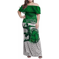 Custom Hawaii Volleyball-Kakau Motif Green Color Family Matching Off Shoulder Maxi Dress and Hawaiian Shirt
