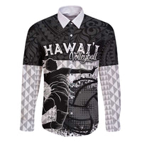 Custom Hawaii Volleyball-Kakau Motif Grayscale Color Family Matching Off The Shoulder Long Sleeve Dress and Hawaiian Shirt