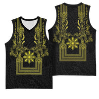 Philippines Barong Style Basketball Jersey with Polynesian Art and Leaf Motif Black-Gold Color LT03 - Polynesian Pride