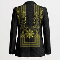 Philippines Barong Style Blazer with Polynesian Art and Leaf Motif Black-Gold Color LT03 - Polynesian Pride