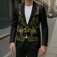 Philippines Barong Style Blazer with Polynesian Art and Leaf Motif Black-Gold Color LT03 - Polynesian Pride