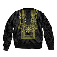 Philippines Barong Style Bomber Jacket with Polynesian Art and Leaf Motif Black-Gold Color LT03 - Polynesian Pride