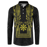 Philippines Barong Style Button Sweatshirt with Polynesian Art and Leaf Motif Black-Gold Color LT03 Black - Polynesian Pride