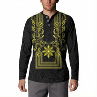 Philippines Barong Style Button Sweatshirt with Polynesian Art and Leaf Motif Black-Gold Color LT03 - Polynesian Pride