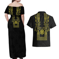 Philippines Barong Style Couples Matching Off Shoulder Maxi Dress and Hawaiian Shirt with Polynesian Art and Leaf Motif Black-Gold Color