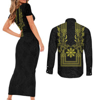 Philippines Barong Style Couples Matching Short Sleeve Bodycon Dress and Long Sleeve Button Shirt with Polynesian Art and Leaf Motif Black-Gold Color