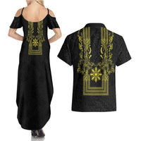 Philippines Barong Style Couples Matching Summer Maxi Dress and Hawaiian Shirt with Polynesian Art and Leaf Motif Black-Gold Color