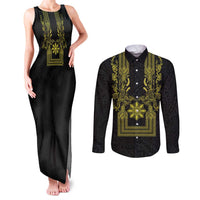 Philippines Barong Style Couples Matching Tank Maxi Dress and Long Sleeve Button Shirt with Polynesian Art and Leaf Motif Black-Gold Color