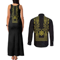 Philippines Barong Style Couples Matching Tank Maxi Dress and Long Sleeve Button Shirt with Polynesian Art and Leaf Motif Black-Gold Color