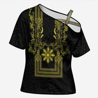 Philippines Barong Style Cross Shoulder Shirt with Polynesian Art and Leaf Motif Black-Gold Color LT03 Female Black - Polynesian Pride