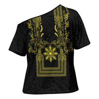 Philippines Barong Style Cross Shoulder Shirt with Polynesian Art and Leaf Motif Black-Gold Color LT03 - Polynesian Pride