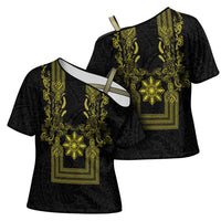 Philippines Barong Style Cross Shoulder Shirt with Polynesian Art and Leaf Motif Black-Gold Color LT03 - Polynesian Pride